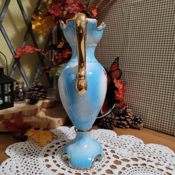 Blue Vintage Italian Porcelain Urn Vase with Pink Roses - Picture 5 of 13